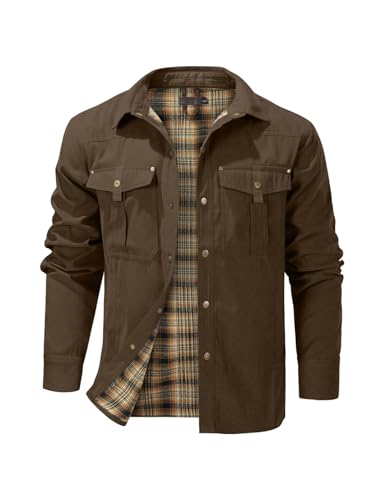 Image of Haellun Men's Flannel Lined Shacket Long Sleeve Plaid Western Cowboy Snap Button Down Shirts Jackets with Pockets