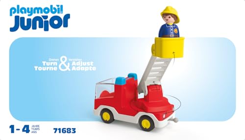 Playmobil 71683 Junior : Camion de Pompier avec échelle pivotante - Comprenant Une échelle Extensible et Un Pompier - Jouet fabriqué à partir de matière d'origine végétale - Dès 12 Mois