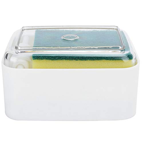 Dispensador de jabón para platos, dispensador automático de jabón líquido tipo prensa, dispensador 2 en 1 con soporte de esponja para encimera de fregadero de cocina(blanco)