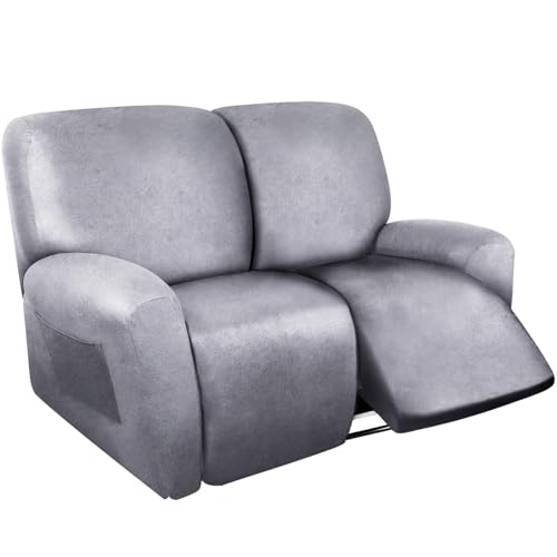Image of ANARACHON Loveseat Recliner Cover Leather Look Recliner Loveseat Covers Recliner Sofa Cover for 2 Seater Reclining Couch Spandex Fabric Washable 6 Pieces (2 Seater, 01 Marbling)