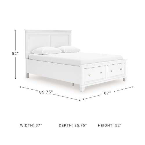 Image of Signature Design by Ashley Fortman Queen Panel Storage Bed with Drawers | White farmhouse aesthetic with deep footboard drawers, Hardwood solids and MDF substrate, Laminated LVL roll slats