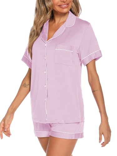 Image of Aamikast Button Up Pajama Set for Women Shorts Short Sleeve Knit Sleepwear 2 Pice Pjs Sets