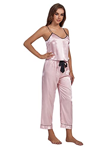 Umenlele Women's Satin Silky V Neck Sleeveless Cami Top With Elastic Long Pants Pajamas Pj Set Light Pink Small #TOP2