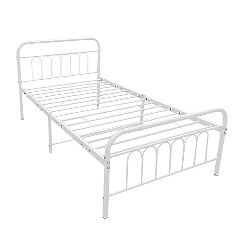 Panana Single Size Bed Frames Metal Platform with Vintage Headboard and Footboard, Mattress Foundation/No Box Spring Needed(White,3FT)