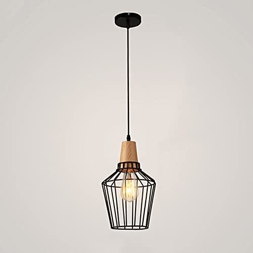 TTKDD Lámpara colgante industrial E27 de una sola cabeza, lámpara colgante de madera, lámpara de araña de metal negro para isla de cocina, 1 luz, decoración para comedor, bar, luces de 7.4 pulgadas