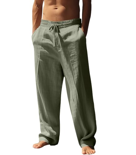 INVACHI Mens Linen Pants Casual Elastic Drastring Waisted Summer Pants Loose Fit Beach Pants