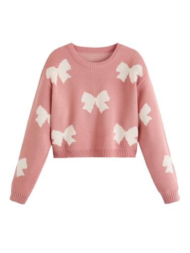 Verdusa Girl's Cute Bow Sweater Drop Shoulder Crew Neck Pullover Tops