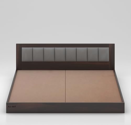 Image of Solid Sheesham Wood King Size Bed Without Storage for Bedroom Living Room Home Hotel Wooden Double Bed Cot Palang with Cushion Headboard Home Furniture (Walnut Finish)