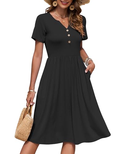 AUSELILY Vestido de verano de manga corta para mujer, con botones, longitud a la rodilla, vestido casual imperio con bolsillos, Negro, S