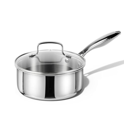 CAROTE 1.5Qt Stainless Steel Saucepan Non-Toxic 3-Ply Stainless Steel Cookware Set with Lids Small Kitchen Pots Oven Safe Compatible with Induction Ceramic Gas