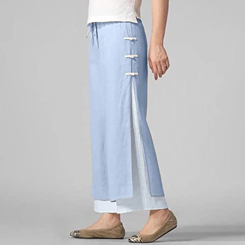Women's Color Block Buckle Pants Wide Leg Capri Pants Double Layer Cropped Trousers Women's Elastic Waist (Sky Blue, M)2
