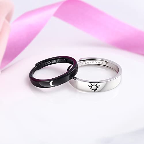 Image of Beydodo 925 Silver Rings Custom Adjustable Sun and Moon Matching Rings Engraved I Love You Couples Rings Wedding