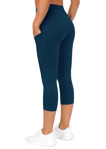 Image of THE GYM PEOPLE Thick High Waist Capris Yoga Pants with Pockets, Tummy Control Workout Running Yoga Leggings for Women