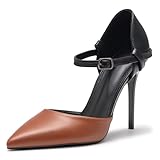 LYTIYO Women's Closed Pointy Toe Heels Ankle Strap Buckle Stiletto Elegant Pumps Comfortable D’Orsay Shoes Brown
