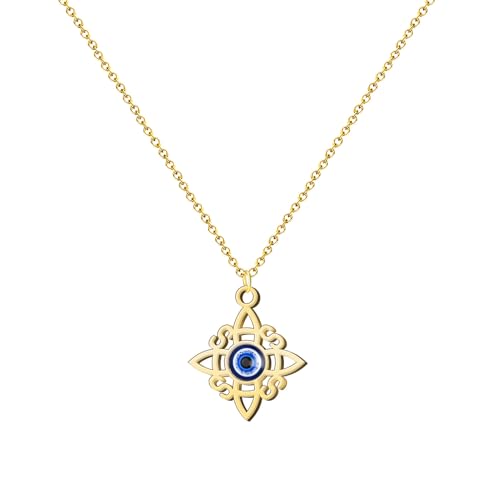 Collar colgante Nudo de bruja de Acero inoxidable o de hilo + una pulsera de 7 nudos (gratis), nudo de bruja doble proteccion, Amuletos de suerte, bisutería para mujer. (DORADO CON OJO TURCO)