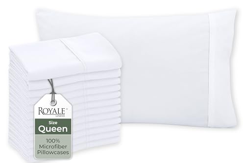Image of Royale Linens White Pillowcase Set of 12 - Queen 20 inchx30 inch Bed Pillow Cover - 1800 Brushed Microfiber - Wrinkle & Fade Resistant - Bulk Pillow Cases - Hotel Quality Pillowcase 12 Pack (Queen, White)