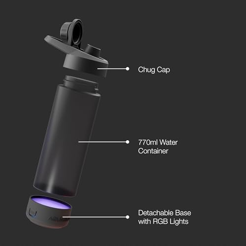 Aquaminder Smart Water Bottle Glows & Beeps to Remind You to Drink More 770 ml Chug Cap Bottle For Adults and Kids Perfect For Gift, Travel, Gym, Yoga, Black, Silicone