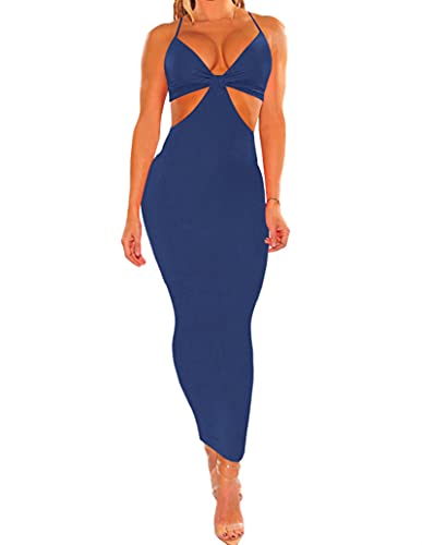 Women's Bodycon Sexy Deep V Neck Spaghetti Strap Solid Backless Midi Cocktail Sleeveless Elegant Pencil Dress Dark Blue