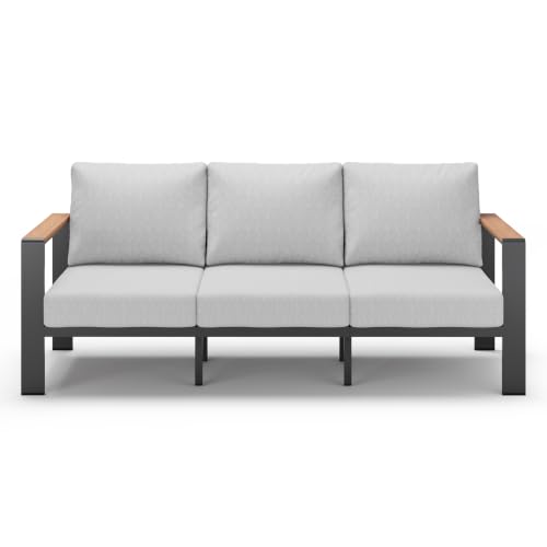 Image of Aluminum Patio Furniture 3 Seats, All-Weather Outdoor Sofa | Washable Thick Cushion, Morden Patio Couch for Porch, Balcony, Deck, Yard, Gray