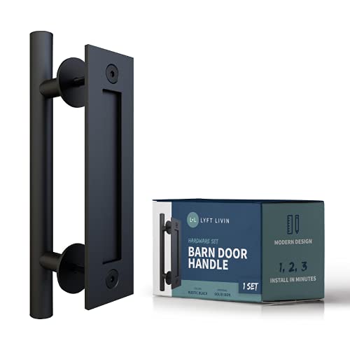 Lyft Livin Sliding Barn Door Handle, Black Coated Iron Barn Door Handles, Modern Metal Hardware Kit, Flat Back Plate, Rustic Barn Door Flush Pull Handle, Perfect for DIY Sliding Closets (12 Inch)