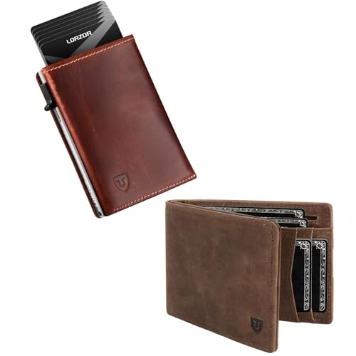 LORZOR Wallet for Men with Metal Card Holder, Pop Up Wallet, Finest Full Grain Leather Trifold Wallet, Smart, Minimalist, RFID Blocking, Front Pocket, ID Window