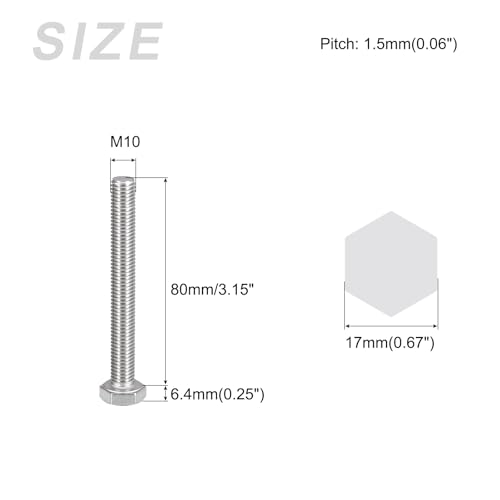 Image of METALLIXITY Hex Bolts (M10-1.5x80mm) 4Pcs, 304 Stainless Steel Coarse Fully Threaded Hex Head Screw Bolt Machine Screws - for Furniture Repair, Silver
