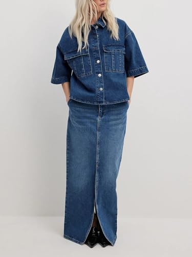 Imily Bela Womens Oversized Short Sleeve Denim Jackets Trendy Cropped Jean Tops Shackets