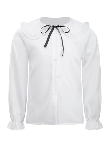 Uniform Shirts for Girls Ruffle Doll Collar Long Sleeve Button Down Bowtie Blouse Tops