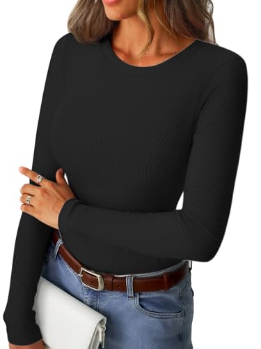 GKBK Womens Long Sleeve Ribbed Tops Slim Fitted Tight Basic T-Shirts Crewneck Layering Lightweight Fall Sweaters 2026 Fashion Outfits Black