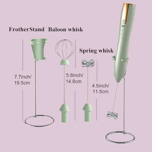 Image of Rechargeable Handheld Milk Frother Wand with Stand | Foam Maker, 2 Detachable Whisk Drink Mixer, Frother Wand with 3 Speed for Coffee, Matcha, Latte,Egg, (Green)