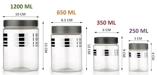 Image of Plastic Pet Storage Jar and Container, Set of 16 (4 ps x 250ml, 4 ps x350ml, 4 ps x 650ml, 4 ps x 1200ml) With Spoons Air Tight Kitchen Organiser Improved Model Silver line Printed
