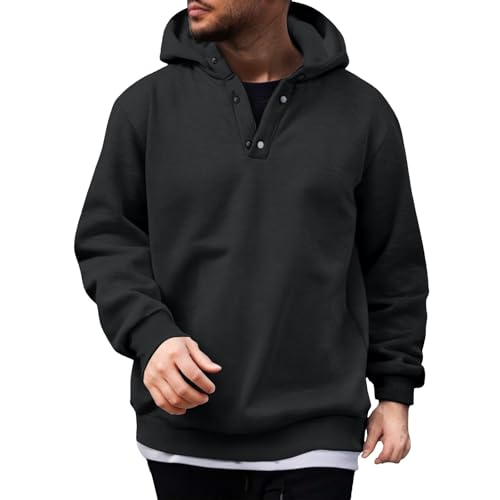 Mens Fleece Linen Hooded Sweatshirts Casual Loose Half Button Long Sleeve Oversized Pullover Hoodie Streetwear Tops