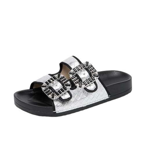 Women's Crystal Buckle Slides Silver Quilted Pattern Double Strap Comfort Sandals Black