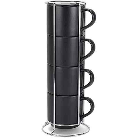 Nat & Jules Stacking Black 14 ounce Ceramic Stoneware Mugs With Stand Set of 4 Cover