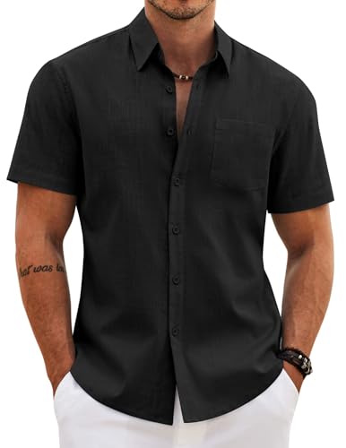 Image of COOFANDY Men's Button Down Short Sleeve Shirt Casual Cotton Summer Beach Wedding Linen Shirts with Pocket