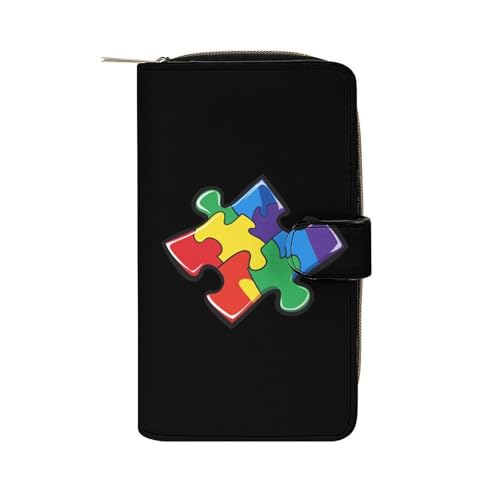 Autism Puzzle Piece Women's Long Wallets Leather Card Holder Purse Zippered Buckle Clutch Handbag