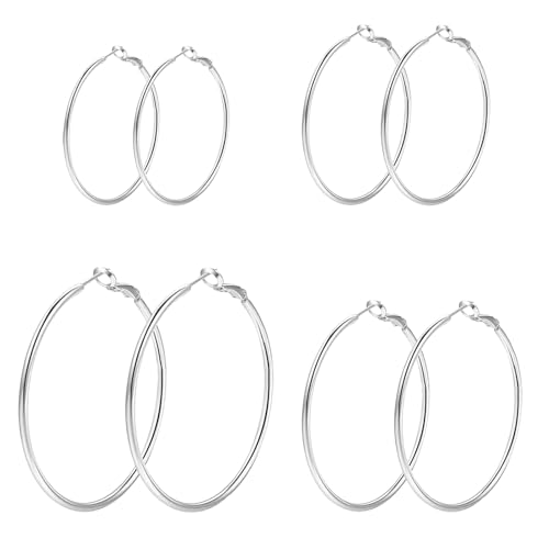 DENNSHH 4 Pairs Stainless Steel Silver Hoop Earrings for Women 30/40/50/60mm Hypoallergenic Big Thin Lightweight Dangle Hoop Earrings Set DENNSHH 4 Pairs Stainless Steel Silver Hoop Earrings for Women 30/40/50/60mm Hypoallergenic Big Thin Lightweight Dangle Hoop Earrings Set