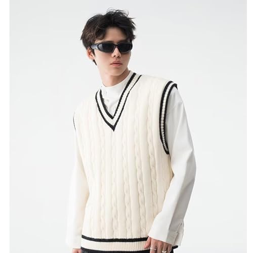 Vintage V-Neck Turtleneck Vest for Men, Retro College Style, Cable Knitted Sweater, Solid Color Sleeveless Pullover for Fall/Winter(XXL, White)2
