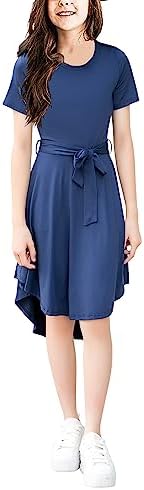 meiludi Girl's Casual Knit Short Sleeve Dress Solid Color Crew Neck Maxi Dresses with Pockets 4-14 Years (2351#, 12_Years, Dark Blue)