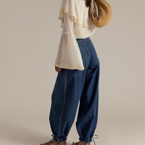 Women Mid Waist Baggy Washed Pants Fashion Pleated Wide Leg Jeans with Pockets2