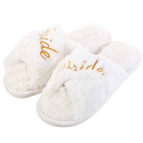 Bride Slippers for Wedding Day White Fuzzy Slippers for Bachelorette Party Bridal Shower Gifts2