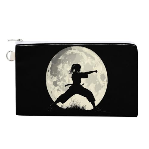 Taekwondo Girl in The Moon Coin Purse Canvas Change Pouch Portable Pocket Wallet Mini Storage Bag with Zippered Keychain
