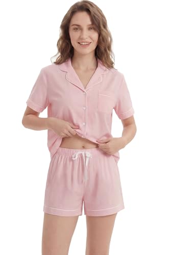 Image of LUBOT 100% Cotton Pajamas for Women 2 Piece PJ Set Button-Down Soft Knit Short Sleeve Summer Sleepwear Loungewear XS-XXL