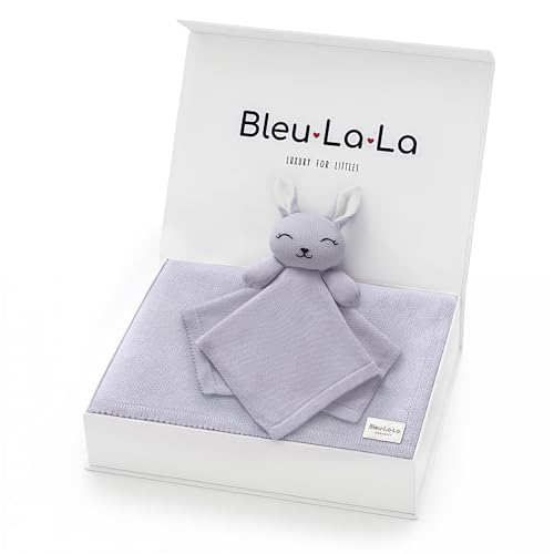 Image of Baby Gift Set - Organic Cotton Newborn Blanket and Lovey Security Blanket Set, Baby Gift, Baby Registry Search Gift Registry by Name, Basket (Lovey - Bunny - Lavender)