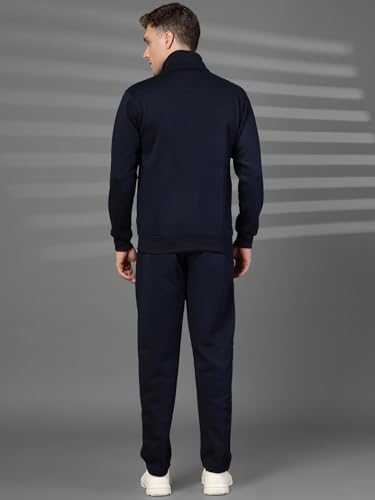 Image of CHKOKKO Mens High Neck Winter Tracksuit Full Zip Jacket with Elastic Waist Lower Warm and Soft Activewear Set for Gym Running and Casual Use NavyEcru L
