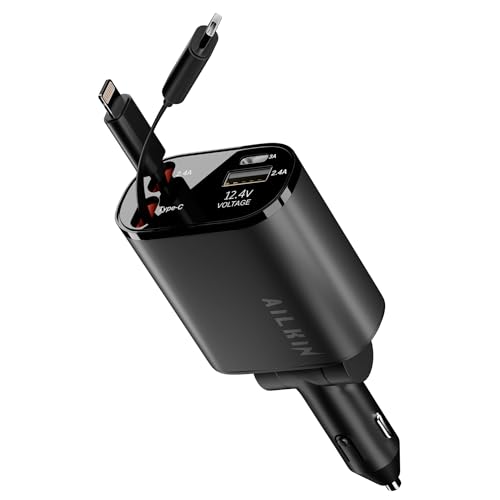 Image of AILKIN 120W 4 in 1 Retractable Car Charger,Fast Car Phone Charger,Retractable Cables & 2 USB Ports Car Adapter for Android Phones & iPhone 17 /16 /15 /14 /13 /12 /11 Pro Max,Xr,Ipad,Dash Cam & Other Devices