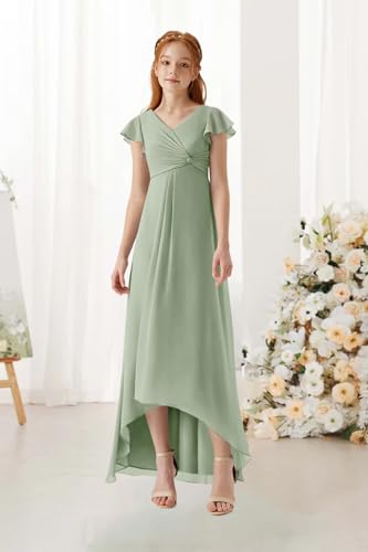 Asymmetrical Junior Bridesmaid Dresses Pleated Chiffon Flower Girl Dress V-Neck Formal Wedding Birthday Party Gown4