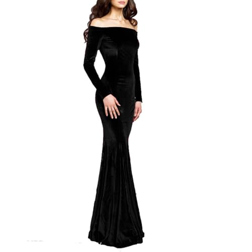 TTYBridal Off The Shoulder Velvet Mermaid Evening Gown Long Prom Party Dresses with Two Sleeves