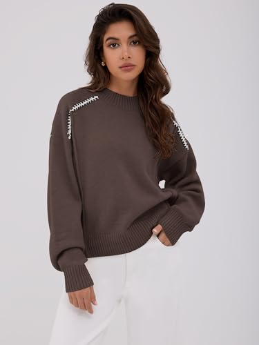 ZAFUL Sweaters for Women Crewneck Loose Fit Long Sleeve 2025 Fall Fashion Contrast Knit Pullover Tops