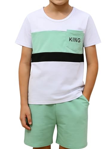Image of OLMRJKD Boys 2 Piece Outfits Short Sleeve Colorblock T-shirt and Shorts Summer Casual Clothes for 6-12 Years